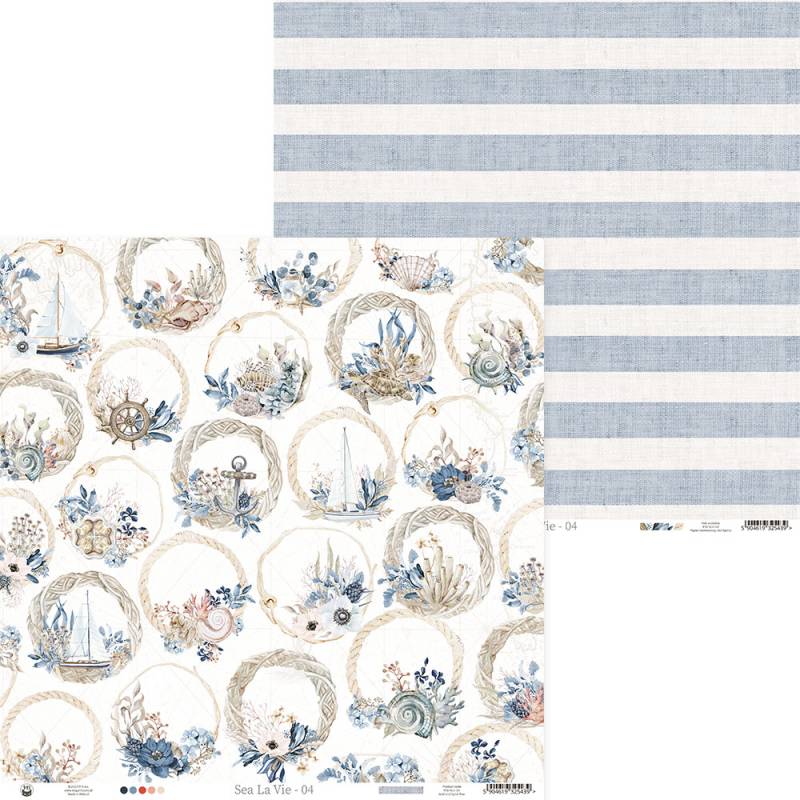 Papel decorativo duplo com padrão náutico azul, bege e branco
