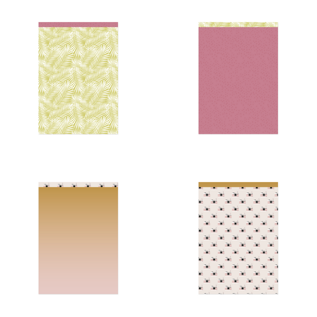 Quatro capas de cadernos com padrões diferentes, incluindo folhas verdes, pontos, ícones e abelhas.