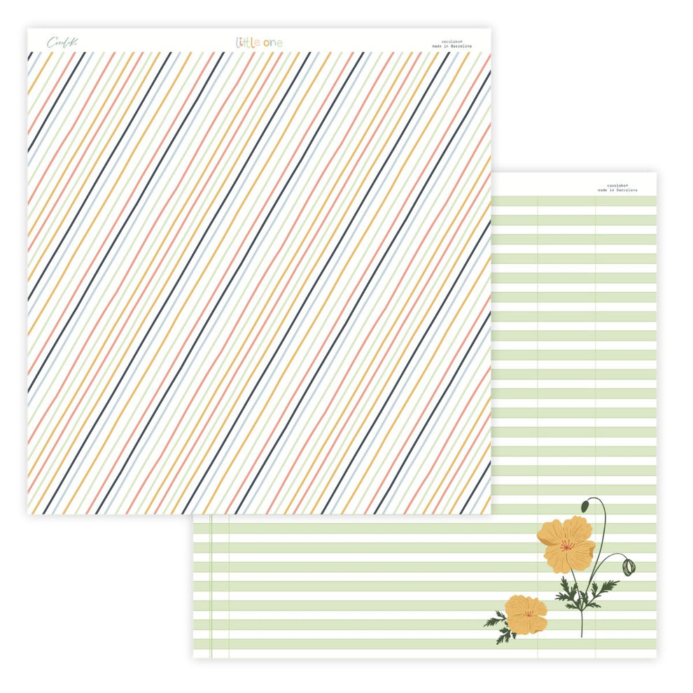 Papel de scrapbooking com padrão listrado e flores amarelas