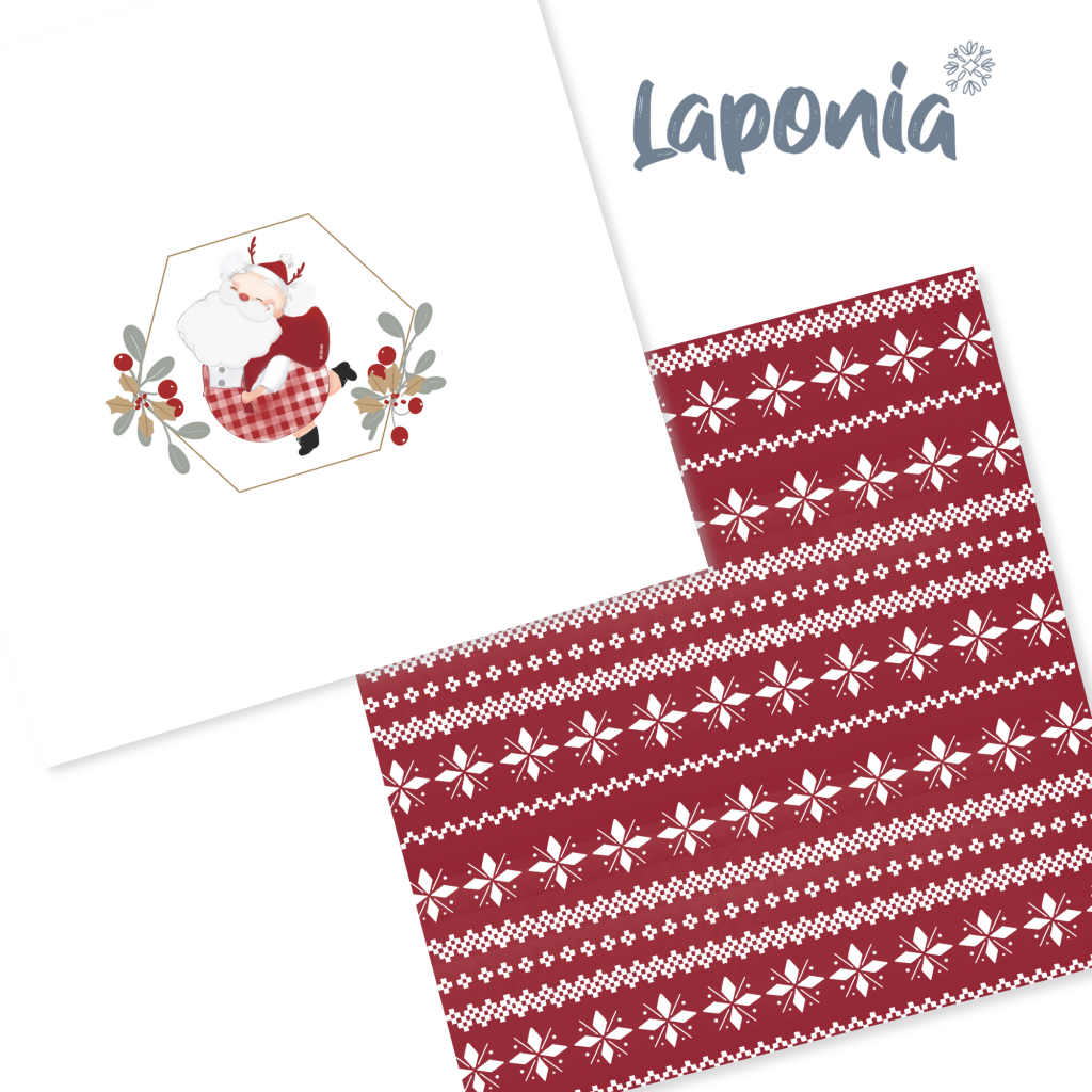 Estampas natalícias com ilustração de Pai Natal e padrão em vermelho e branco com a palavra Laponia.