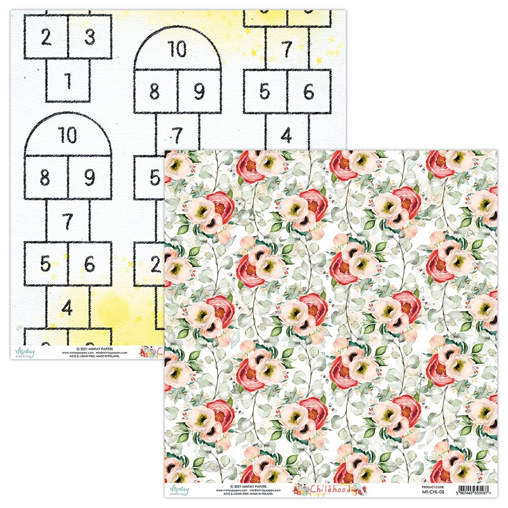 Papel decorativo com padrão de amarelinha e padrão floral
