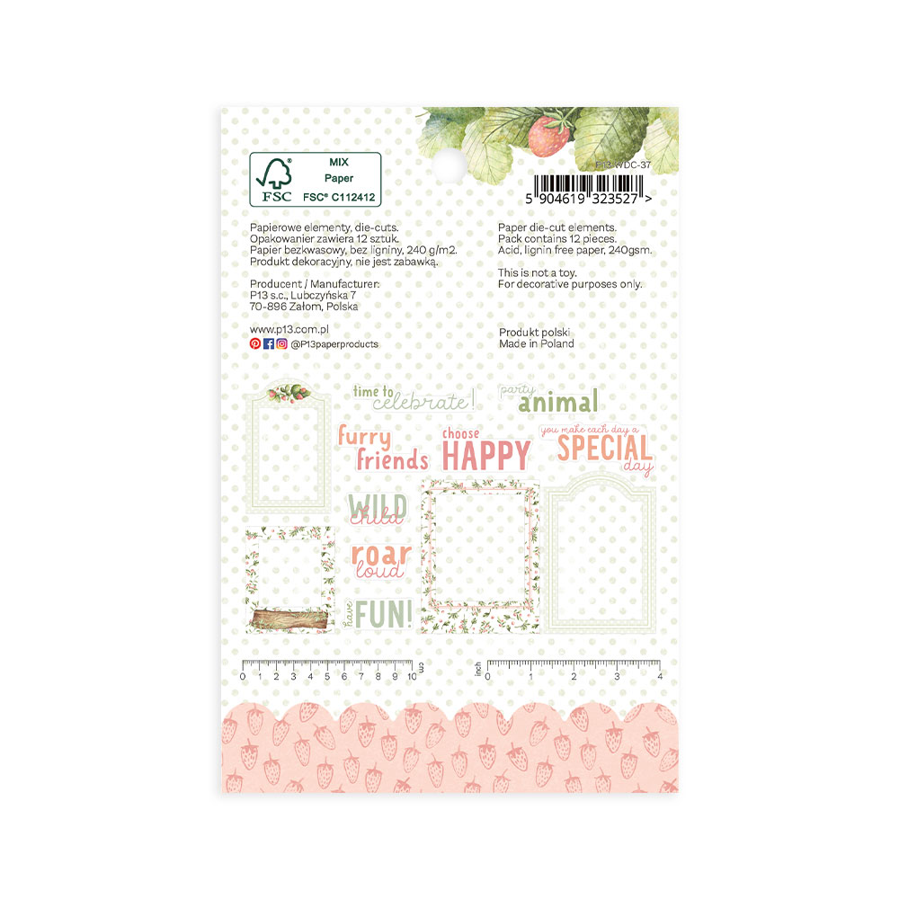 Embalagem de papel decorativo com padrões de animais e texto em inglês e polaco