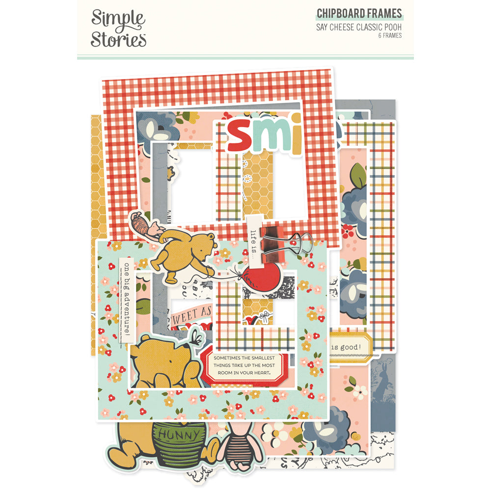 Pacote de molduras de chipboard Simple Stories Say Cheese Classic Pooh com desenhos do ursinho Pooh e padrões florais e xadrez