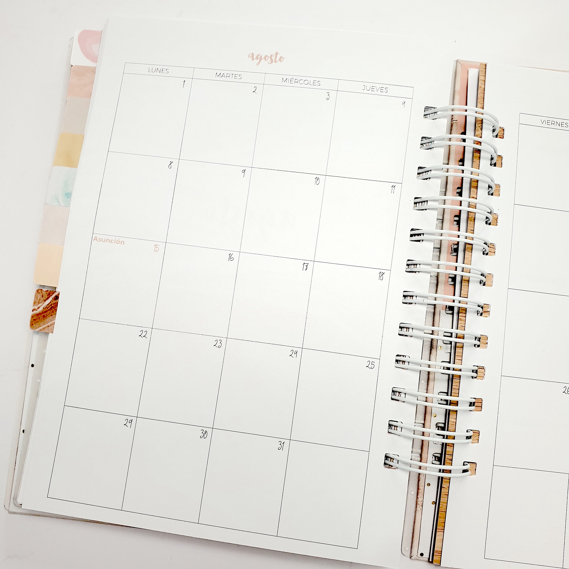 Agenda aberta com calendário mensal de agosto