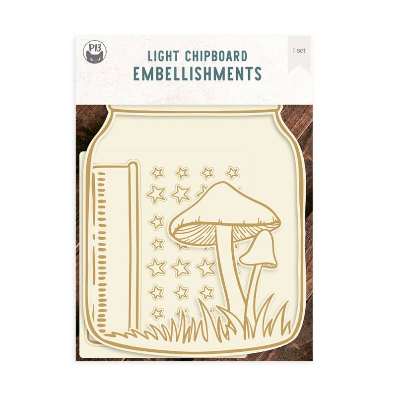 Ornamentos de chapa leve com desenho de cogumelos e estrelas