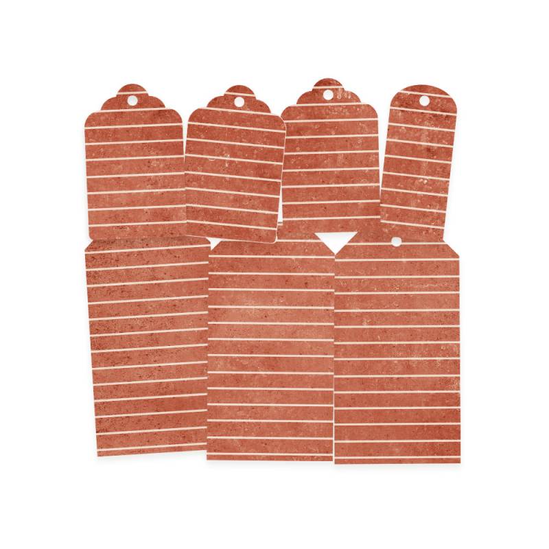 Sete etiquetas de papel castanho com riscas brancas em fundo branco
