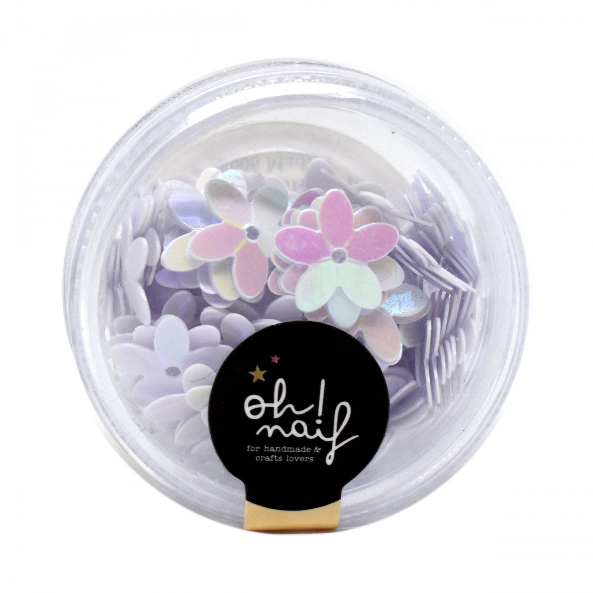 Frasco com flores decorativas iridescentes pastel e rótulo preto com texto