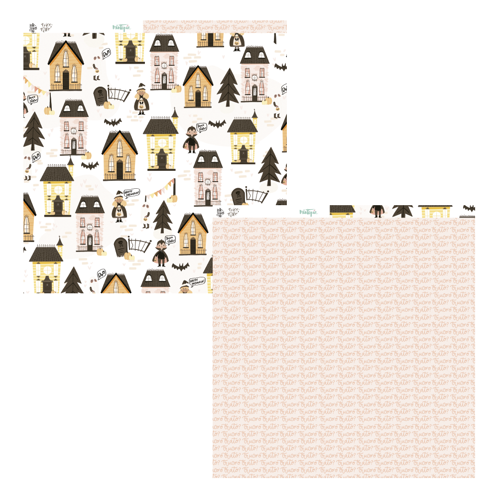 Papel decorativo com casas, árvores e personagens e papel com texto Boo! Boo! Boo!