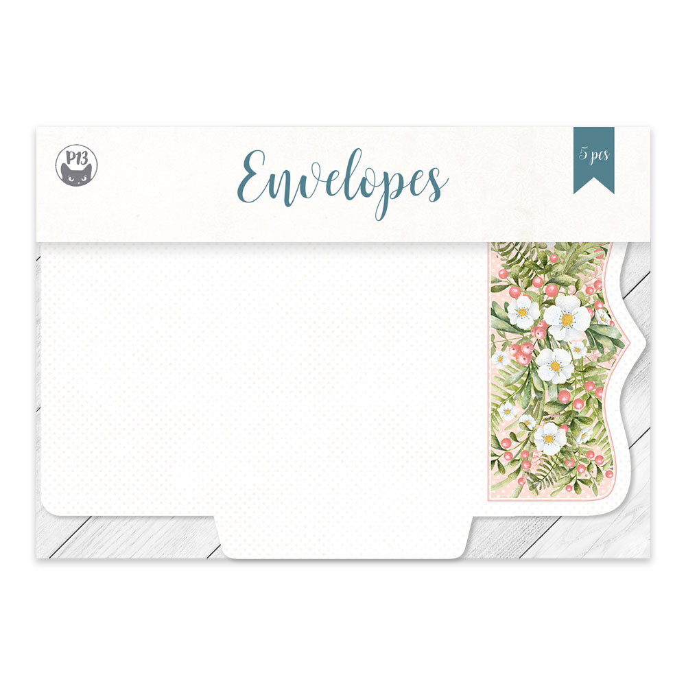 Envelopes brancos com padrão floral colorido na aba em embalagem branca
