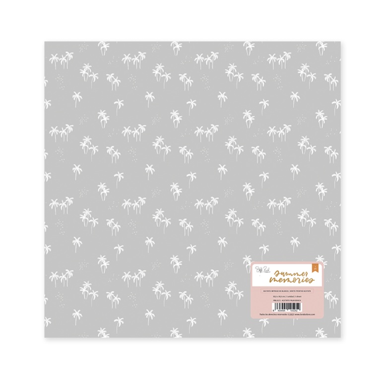 Papel de embrulho cinzento com palmeiras brancas e etiqueta rosa