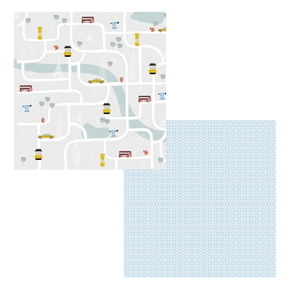 Dois padrões, um com desenho de cidade em tons suaves e outro com padrão geométrico azul claro.