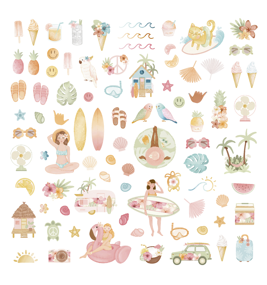 ilustrações de verão e praia em cores pastel