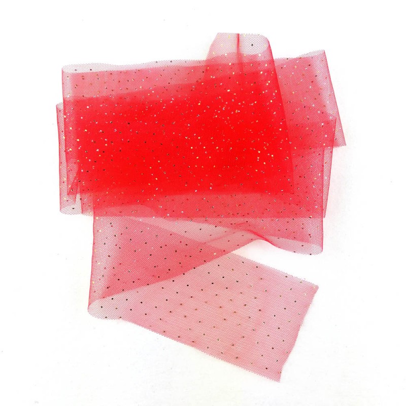 Tecido vermelho translúcido com pontos dourados