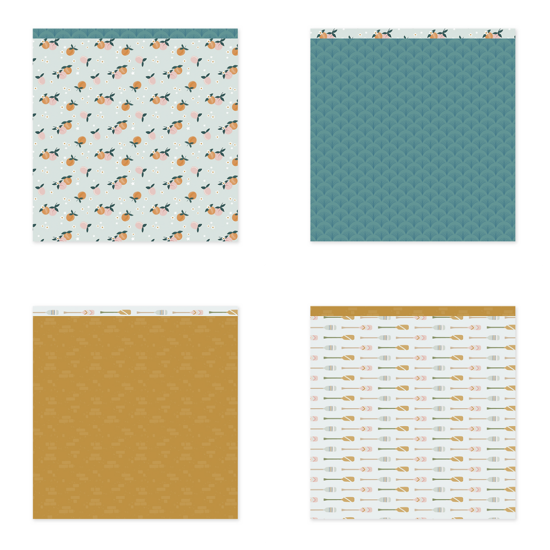 Quatro folhas de papel decorativo com padrões coloridos