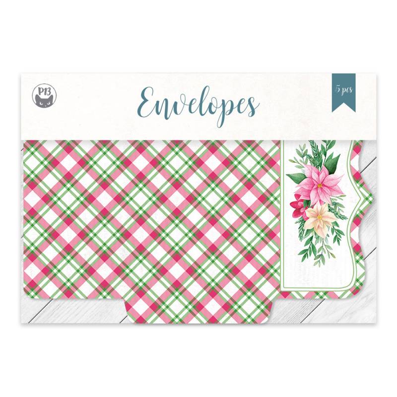 Envelopes decorativos com padrão xadrez e floral em embalagem branca