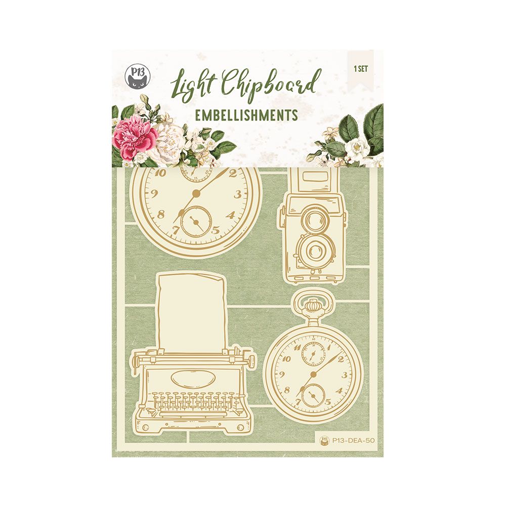 Embellishments de chipboard com relógio, câmara, máquina de escrever e relógio antigo