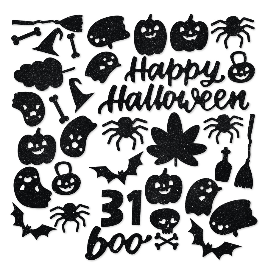 Decorações pretas com glitter para Halloween com várias formas e textos em fundo branco