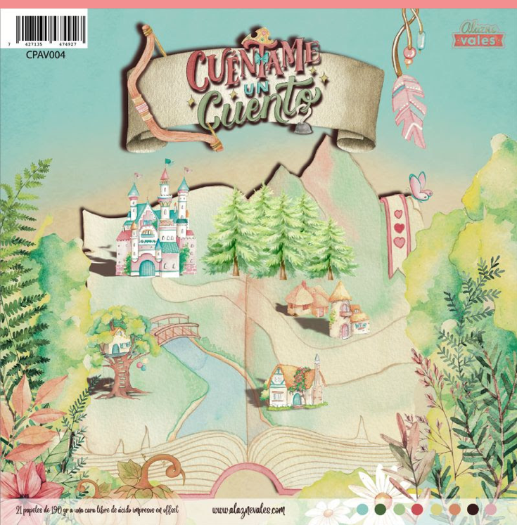 Capa ilustrada de livro 'CUÉNTAME UN CUENTO' com castelo, árvores e casas pequenas