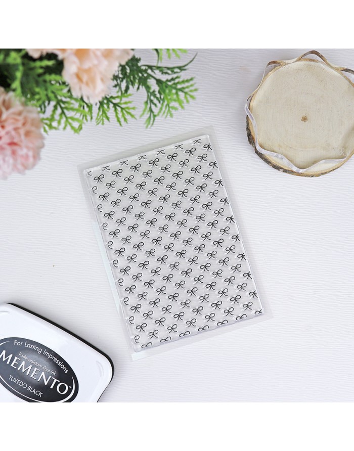 Selo transparente com padrão de laço de fita preto, almofada para carimbo e almofada de tinta preta