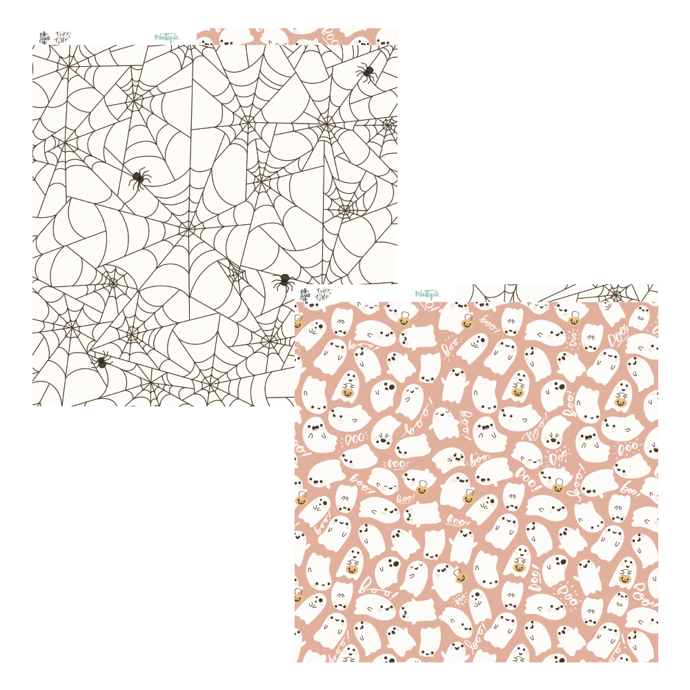 Tecidos estampados com temas de Halloween, teias de aranha e fantasmas coloridos