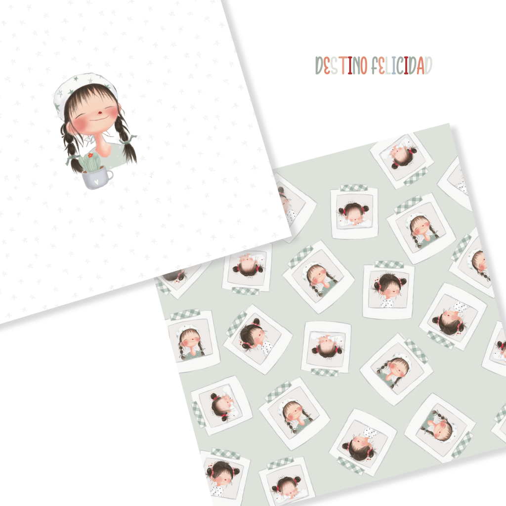 Folhas de papel com desenhos infantis de menina e texto COLOR DESTINO FELICIDAD.