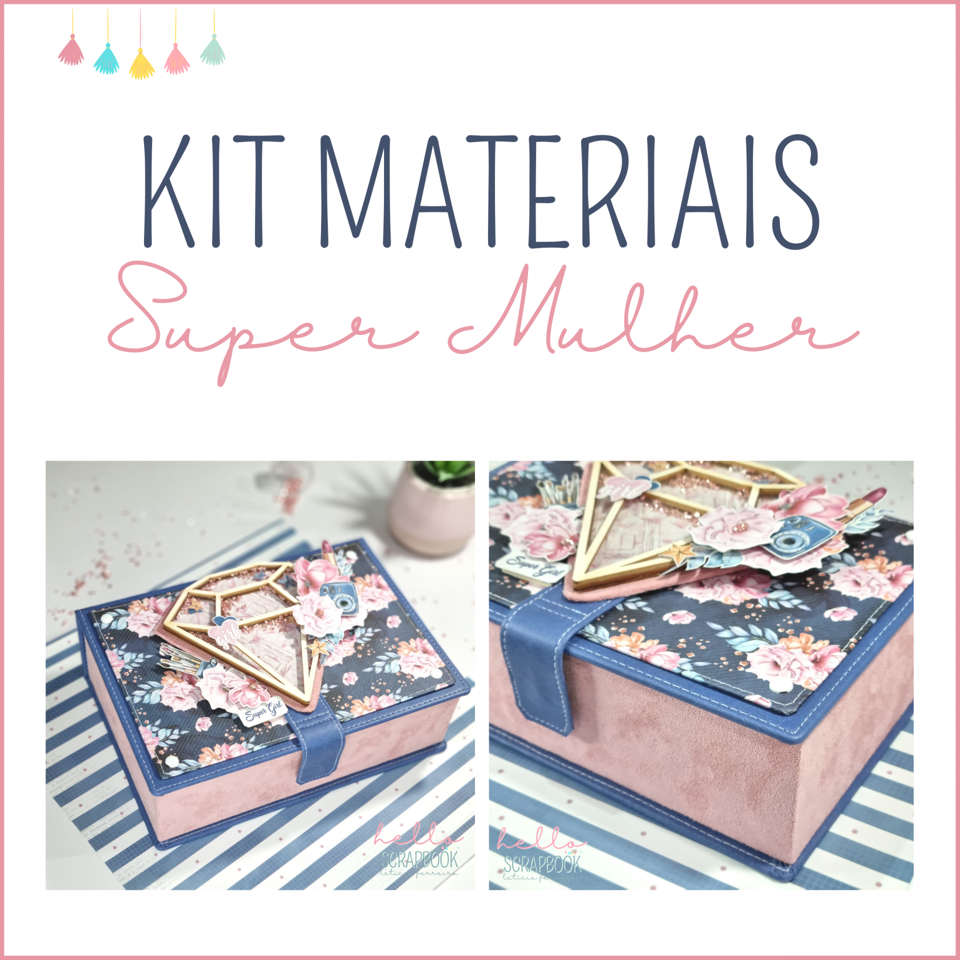 Caixa decorativa azul e rosa com padrão floral e enfeite geométrico dourado