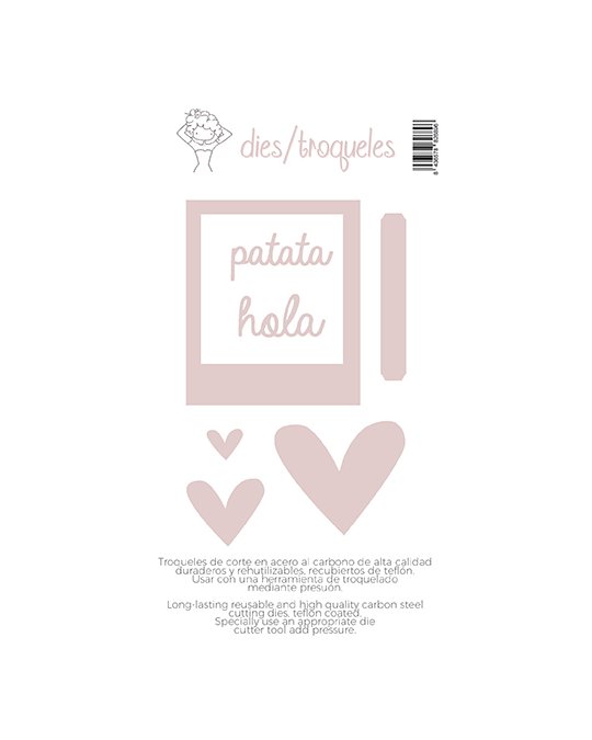 Conjunto de troqueles de corte rosa com formas quadrado, retângulo e corações e texto patata hola