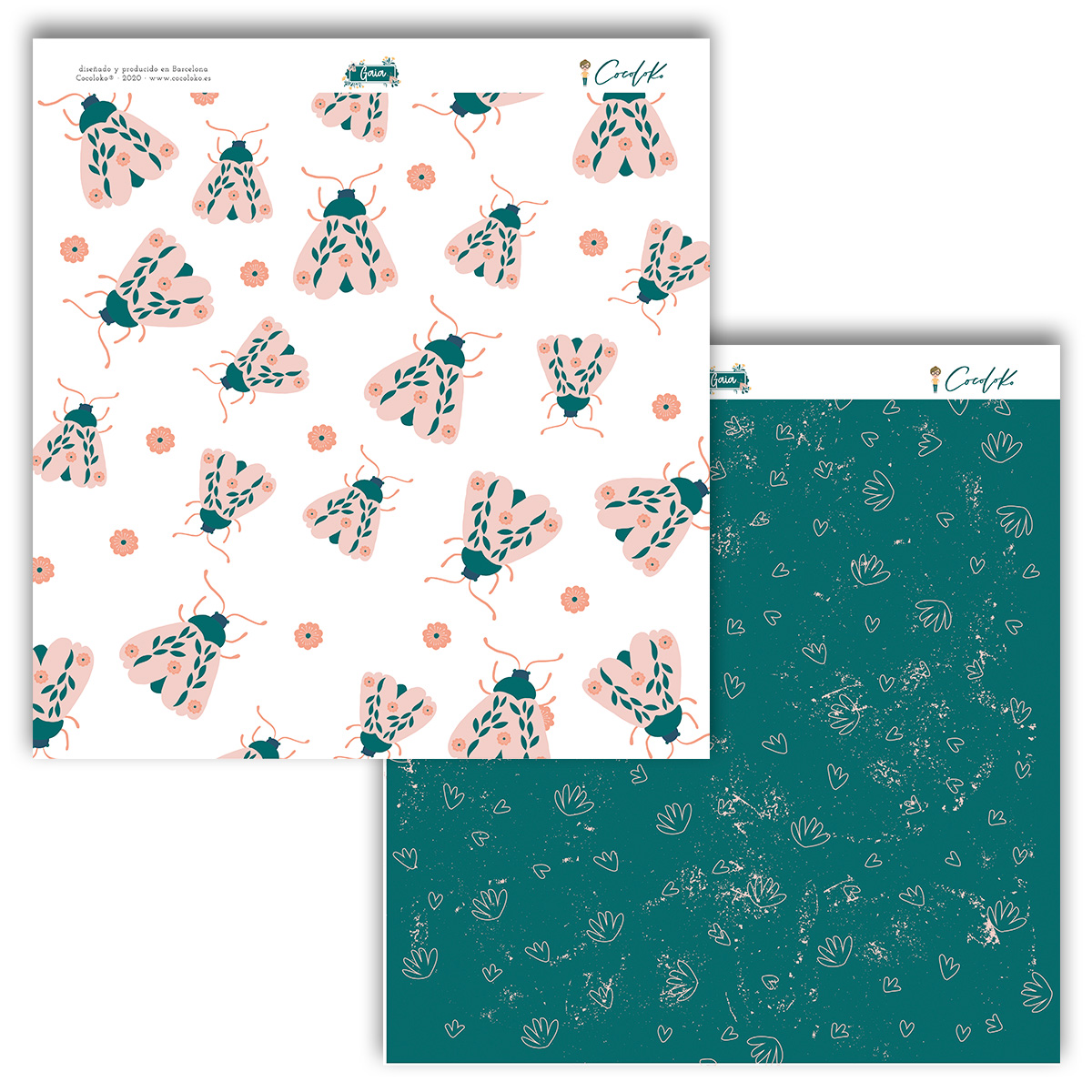 Papel para embrulho com padrão de borboletas e flores em cores rosa e verde-azulado