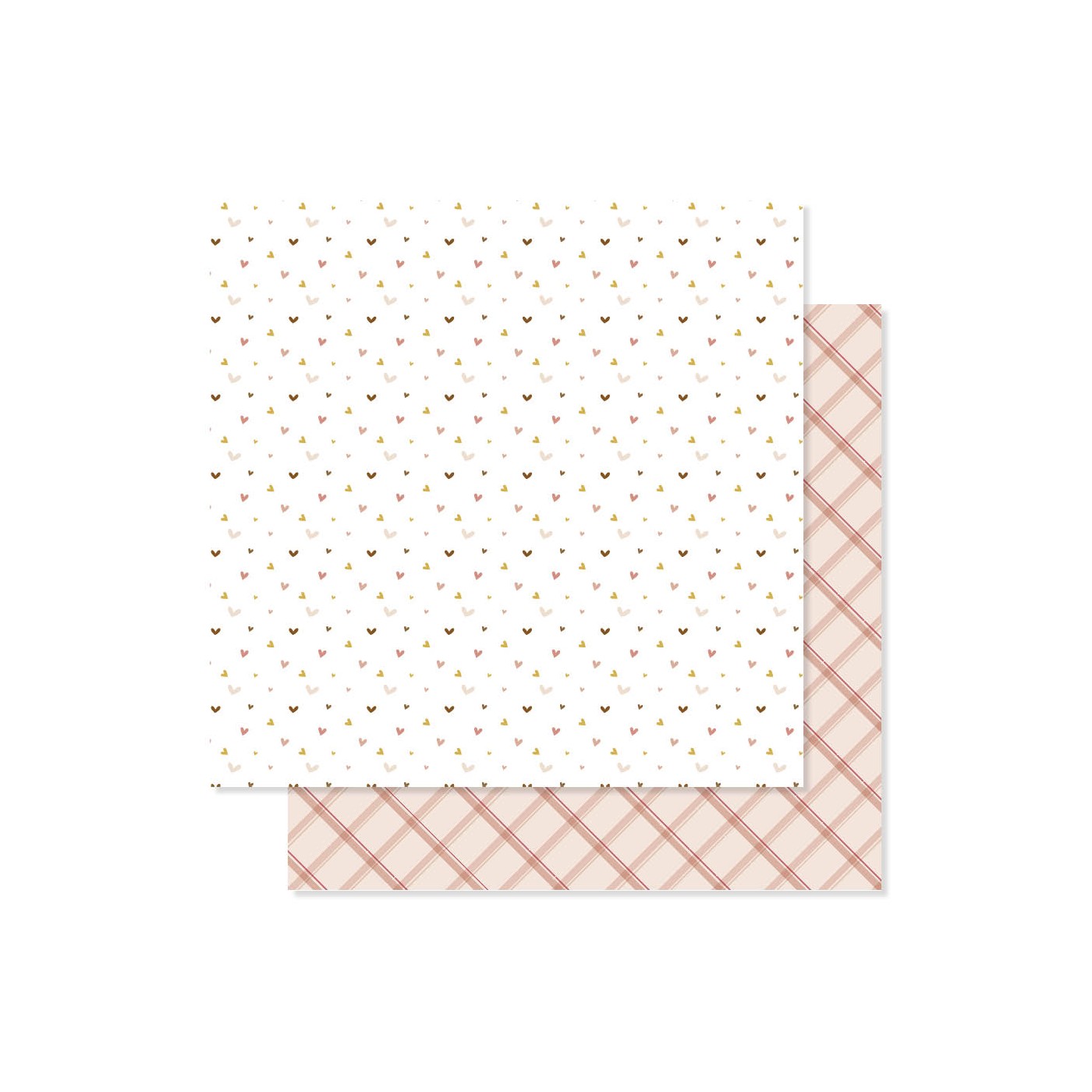 Folhas de papel decorativo com padrões de corações e xadrez