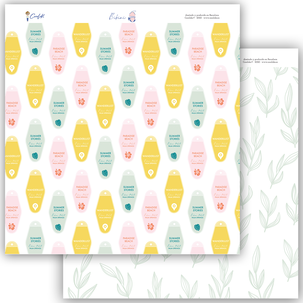 Papel decorativo com padrões coloridos de rótulos e folhas verdes no fundo branco