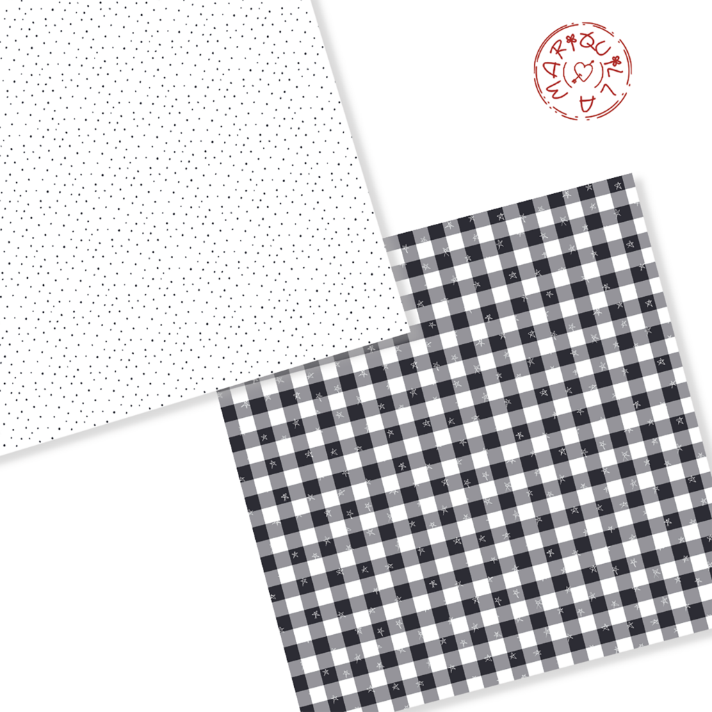 dois quadrados com padrões de tecido ou papel, um de pontos pretos e outro xadrez preto e branco