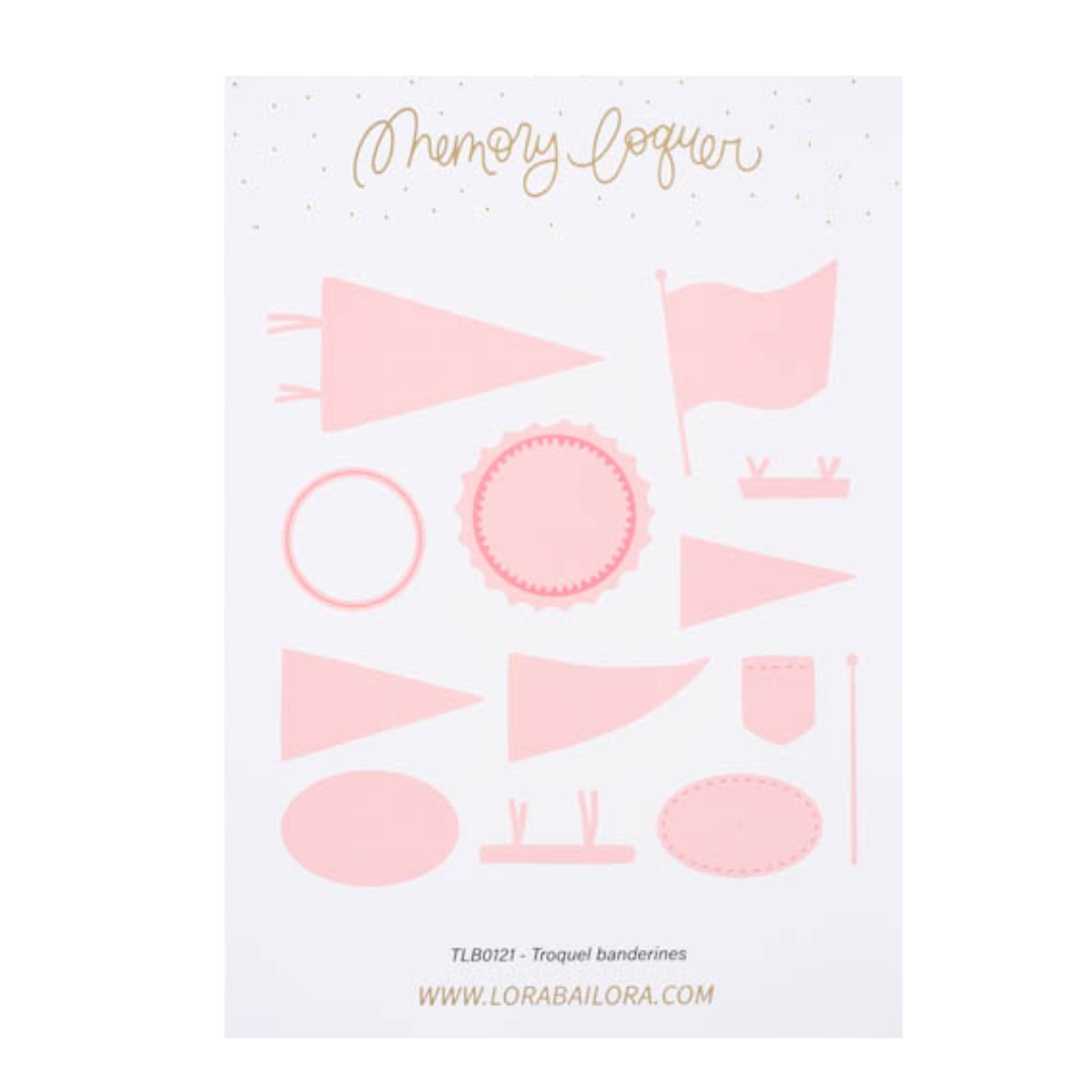 Folha branca com bandeirinhas rosa claro e texto dourado e preto