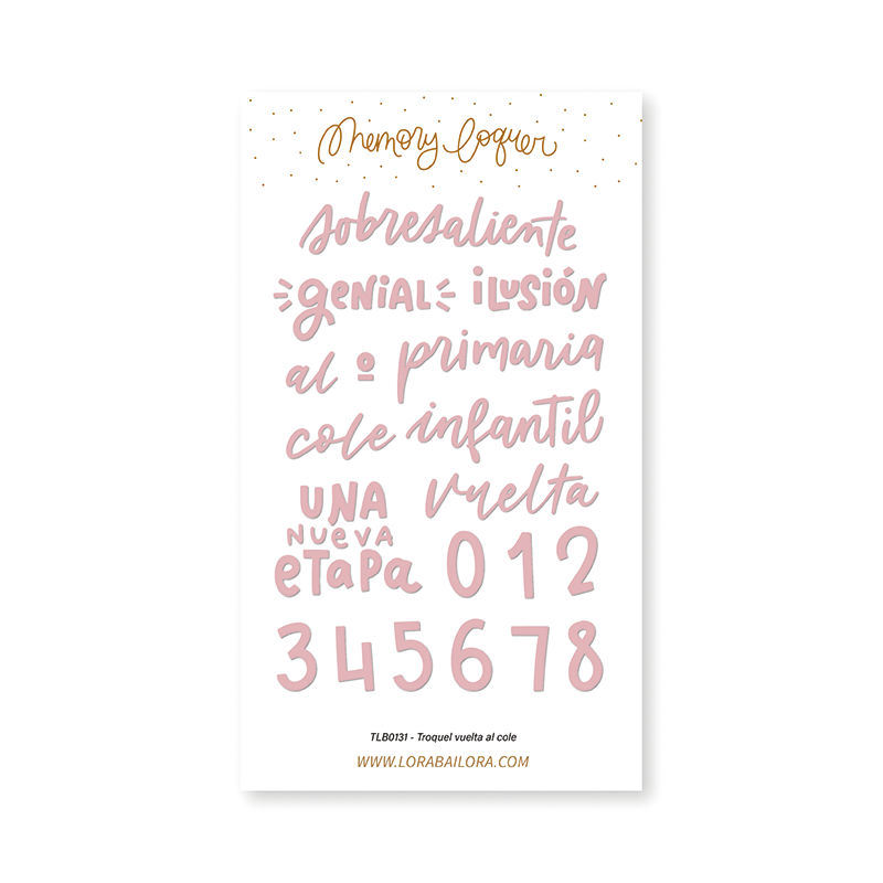 Adesivos em tons rosa e bege com palavras em espanhol e números, para memórias escolares.