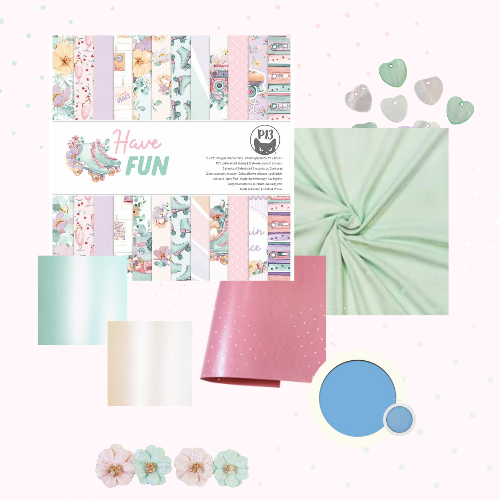 Conjunto de materiais decorativos com padrão floral e elementos pastel