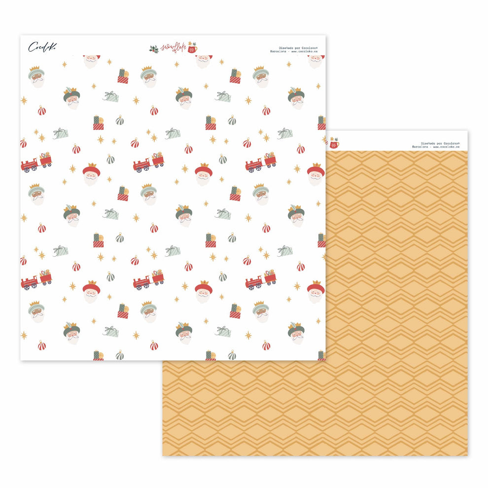 Duas folhas de papel de scrapbook, uma com padrão colorido e outra com padrão geométrico castanho