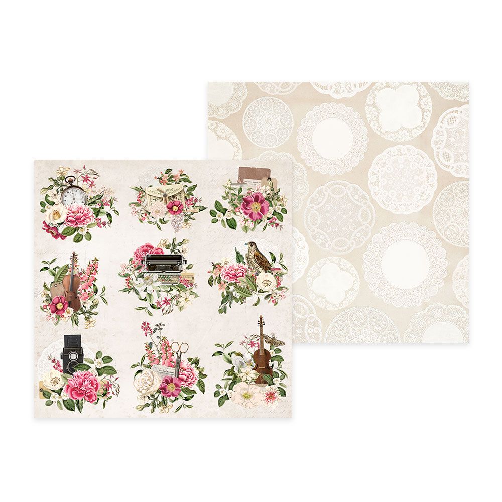 Papel decorativo com padrão vintage floral e rendado em tons suaves