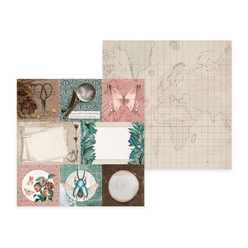 Dois papéis decorativos com designs vintage e mapa-múndi em tons neutros e pastéis