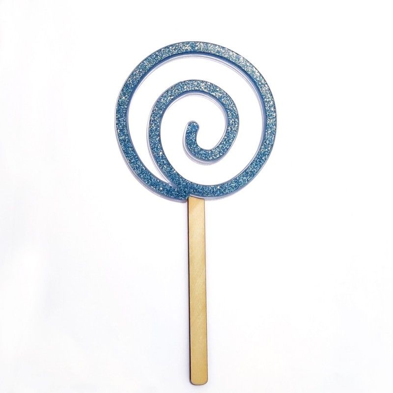 Objeto espiral azul glitter com pau de madeira claro