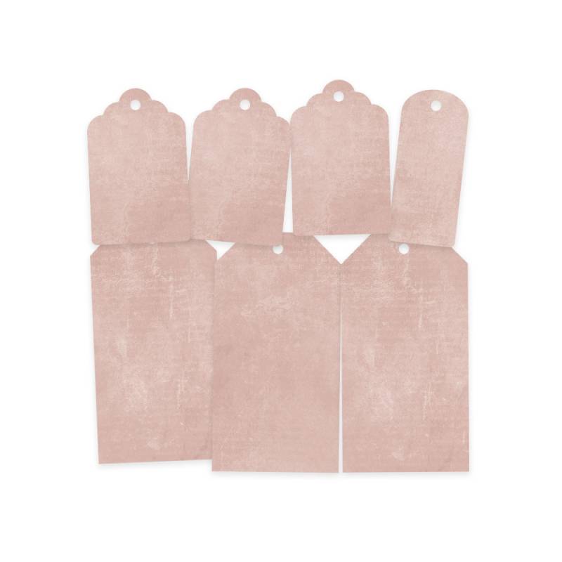Sete etiquetas rosa claro em papel com furos para pendurar
