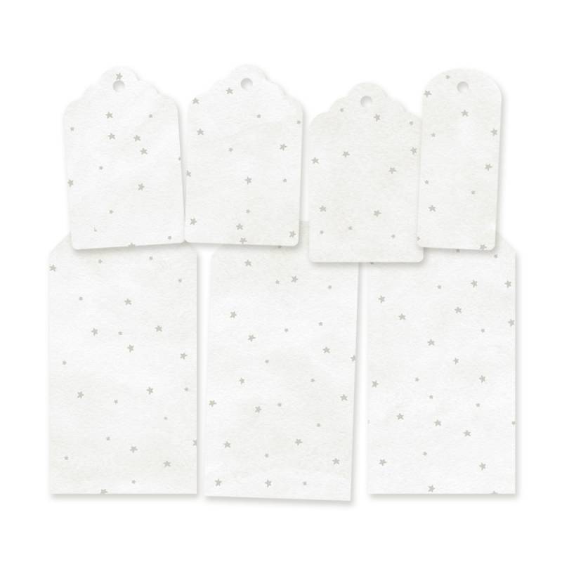 Sacosa de papel branco com estrelas prateadas em vários tamanhos