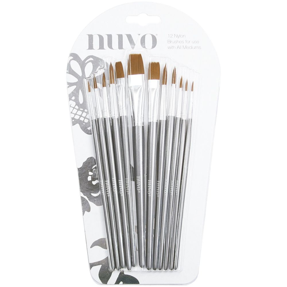 Conjunto de 12 pincéis para arte com cabo cinza e cerdas castanhas na embalagem branca