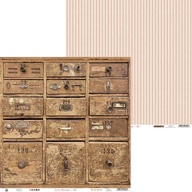 Papéis decorativos para scrapbooking com padrão riscado e imagem de gavetas antigas