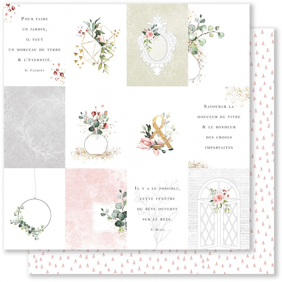 Papel decorativo com quadrados florais, molduras e texto em francês, padrão de triângulos cor-de-rosa no verso.