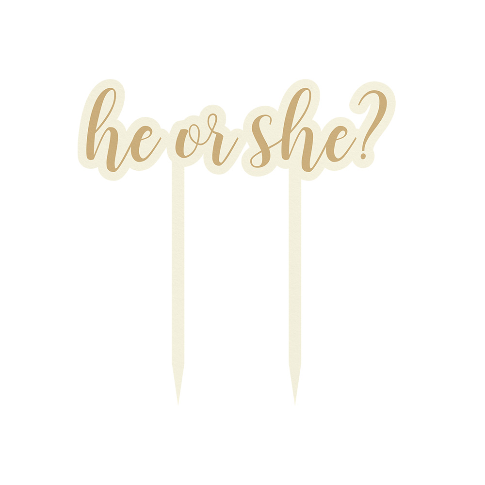 Topo de bolo 'he or she?' em acrílico creme com texto dourado claro