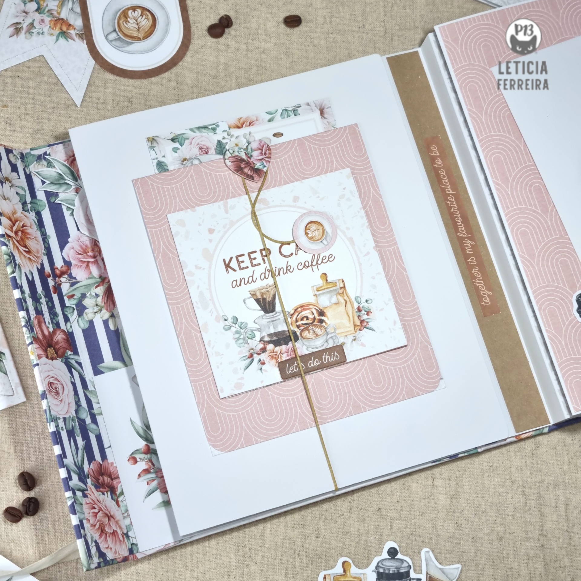 Conjunto de papelaria decorativa com tema de café em fundo beje