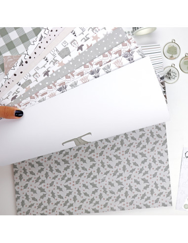 Folhas de papel decorativo com padrões em cinza e rosa