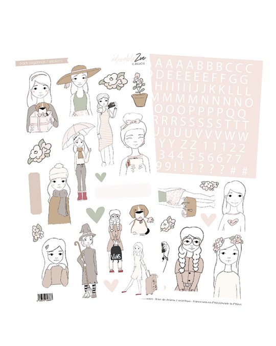 Ilustrações de raparigas, flores, corações e letras em tons pastel