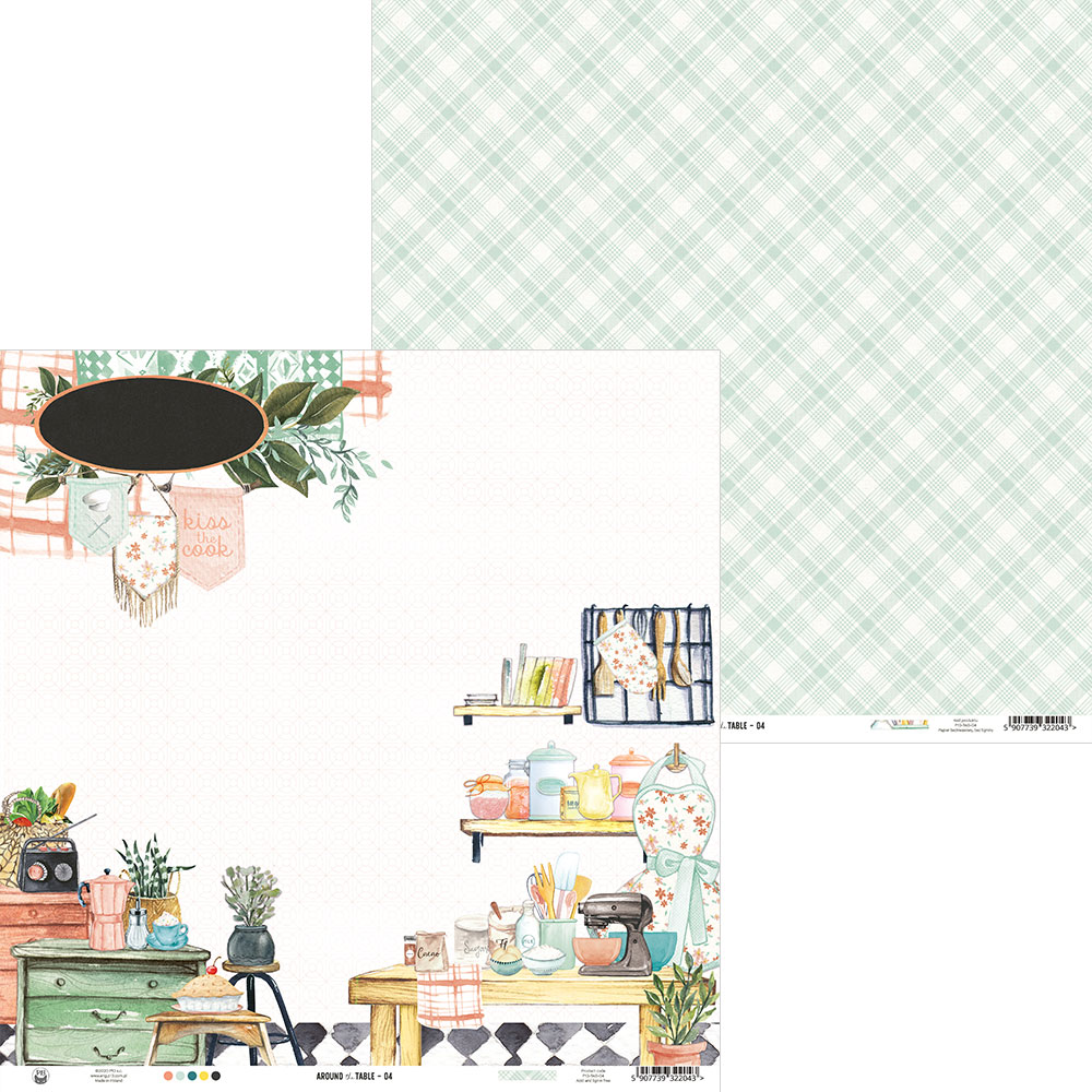 Papel decorativo para scrapbook com padrão xadrez e ilustrações vintage coloridas