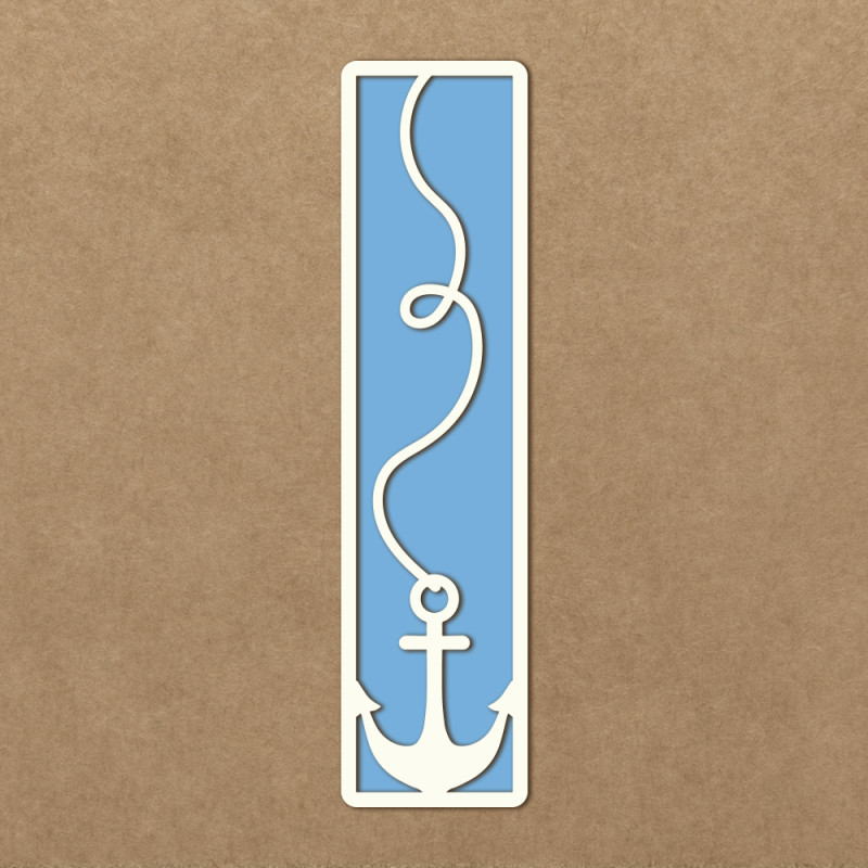 Marca-páginas azul com âncora branca e corda em fundo castanho
