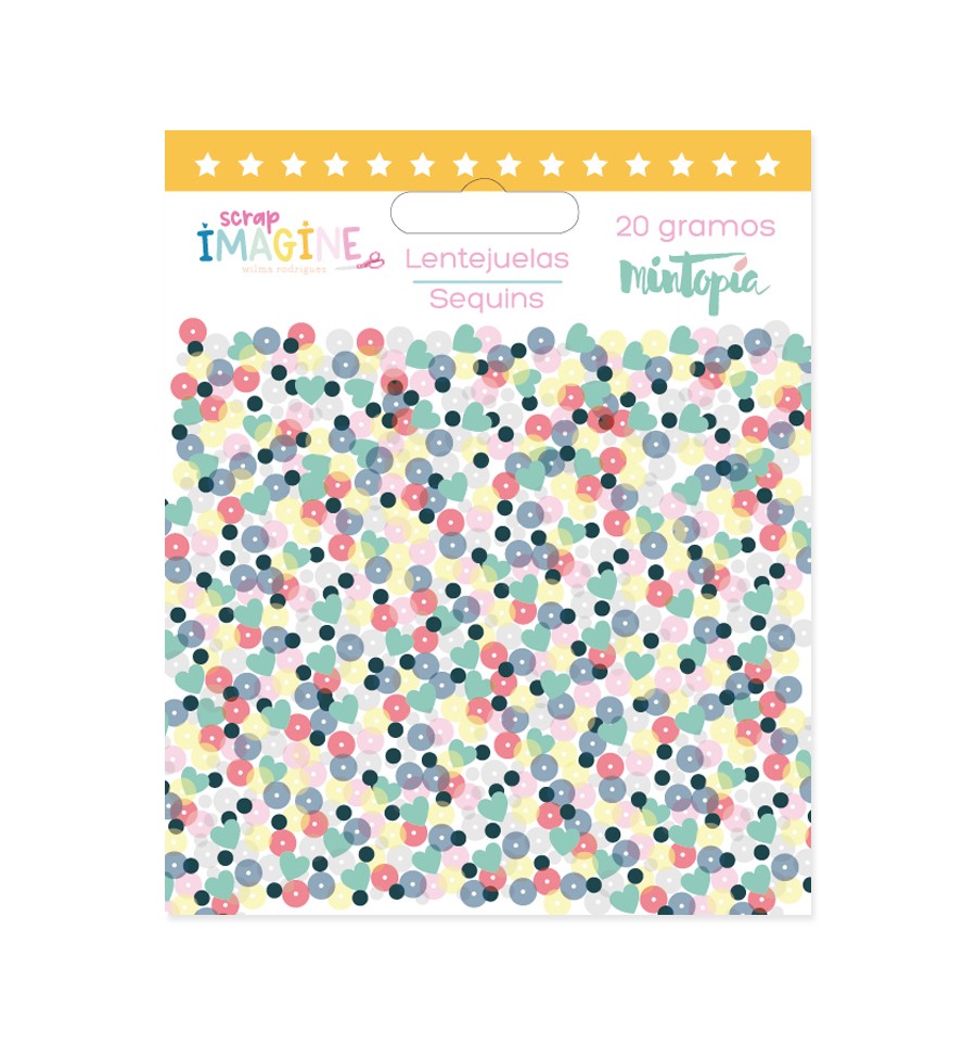 Pacote de lantejoulas multicoloridas em embalagem com cabeçalho amarelo